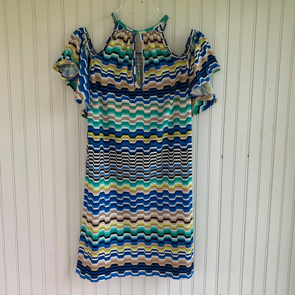 Trina Turk Cold Shoulder Butterfly Sleeve Multi Color Geometric Stripe Dress S - Picture 2 of 5